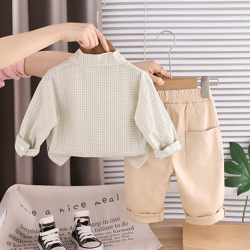 Boys' Spring Outfit: Small Checkered Shirt 2026 New Fashionable Baby Spring/Autumn Two-Piece Set for Children 1-4 Years Old