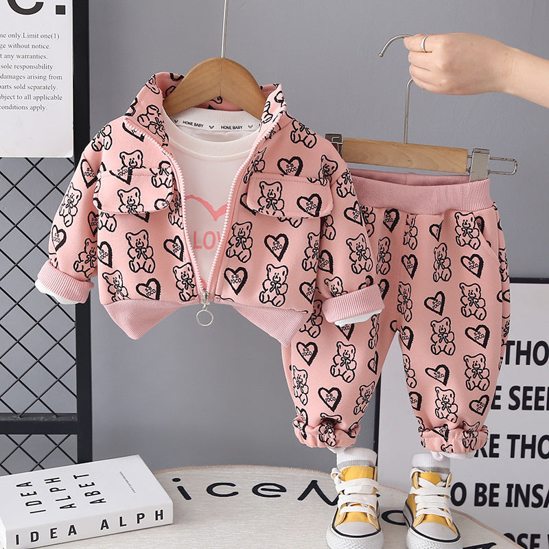 Girls' Casual Zipper Shirt 2026 New Baby Spring and Autumn Full-Print Heart Bear Jacket Three-Piece Set