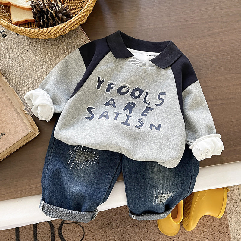 Boys' and Autumn Letter Collar Sweatshirt Set 2026 New Children's Spring Sportswear Fashionable Korean Style for Babies
