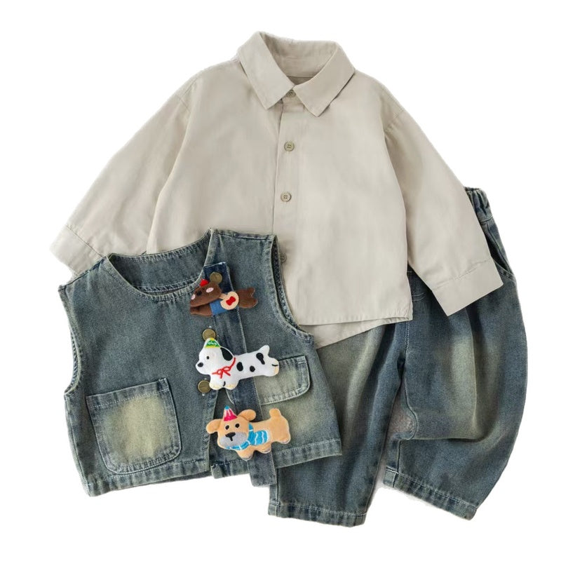 Boys' outfit set, stylish three-piece set for one-year-old babies, spring autumn puppy denim vest, trendy infant and toddler clothing