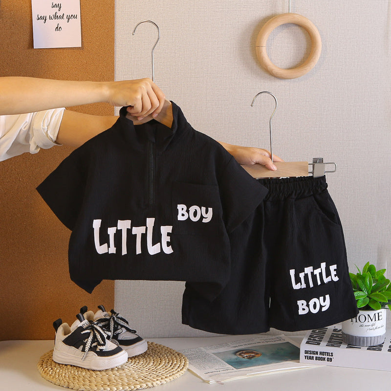 Summer boys' outfit stylish toddler letter print half-zip short-sleeve suit casual fashion sporty children's clothing trendy
