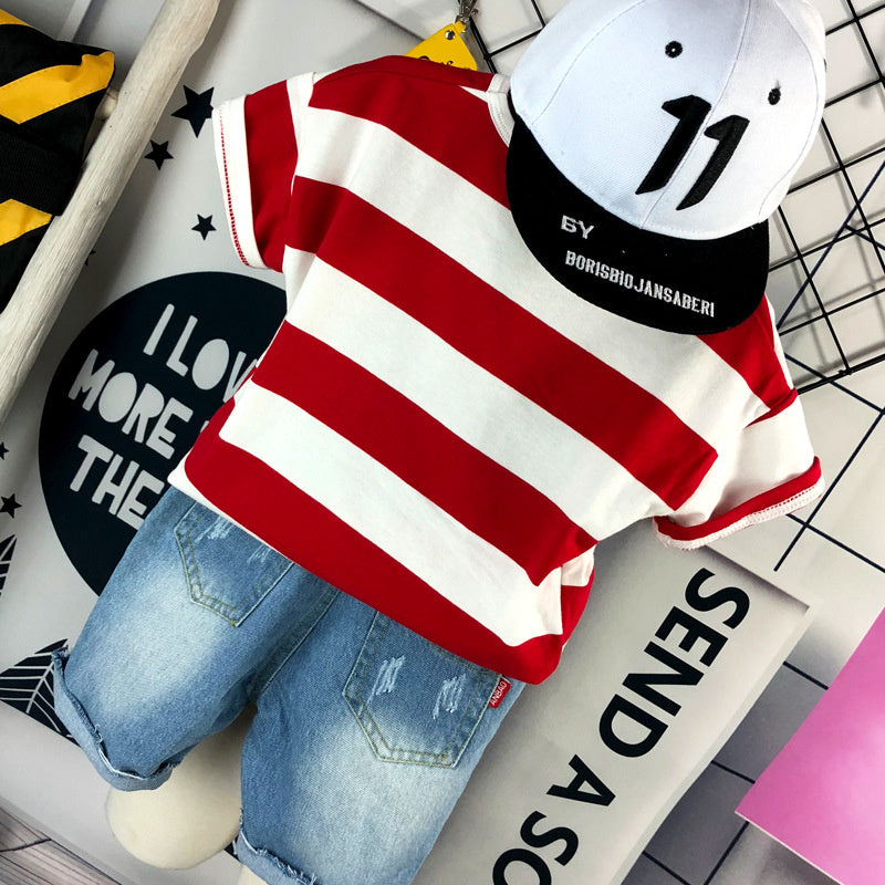 2020 New Summer Striped Short-Sleeve T-Shirt Set for Children, Distressed Personalized Denim Shorts Set, Two-Piece Trendy Outfit