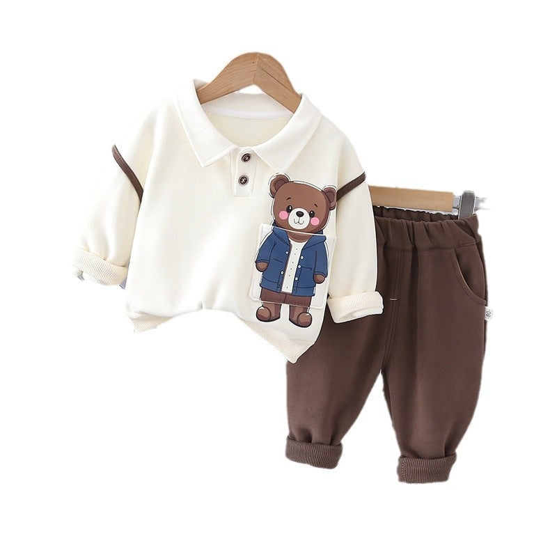 Boy Fleece Pocket Bear Button-Up Shirt Set 1-3 Years Old Winter Two-Piece Baby Clothes One Piece Dropshipping