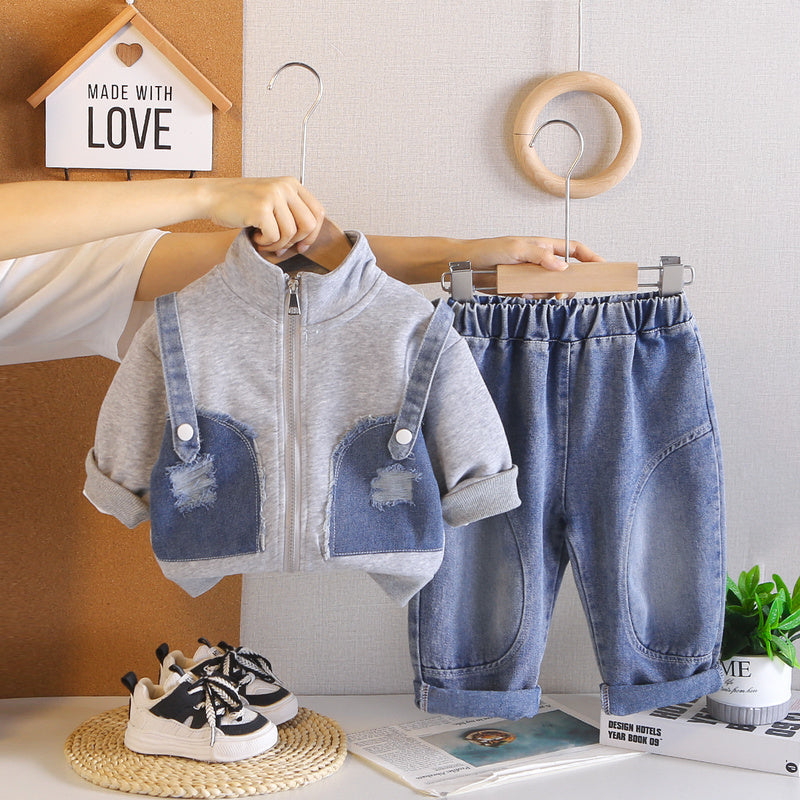 Boys' Sports Suit 2026 Spring Autumn New Casual Fake Suspender Two-Piece Set for Children and Toddlers