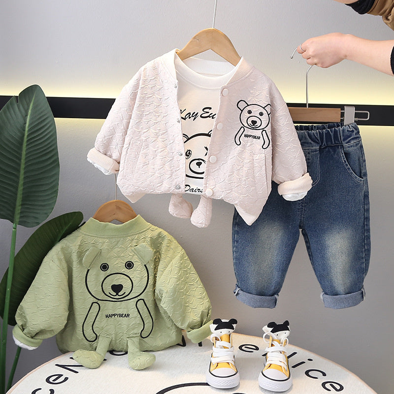 New Spring and Autumn Fish Scale Pattern 3D Bear Long Sleeve Boys, Fashionable Casual Three-Piece Set for Spring, Direct from Manufacturer