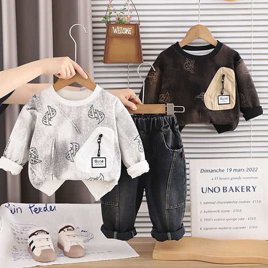 Outfit 2026 New Children's Zipper Pocket Sweatshirt Boys' Spring and Autumn Sports Casual Two-Piece Set