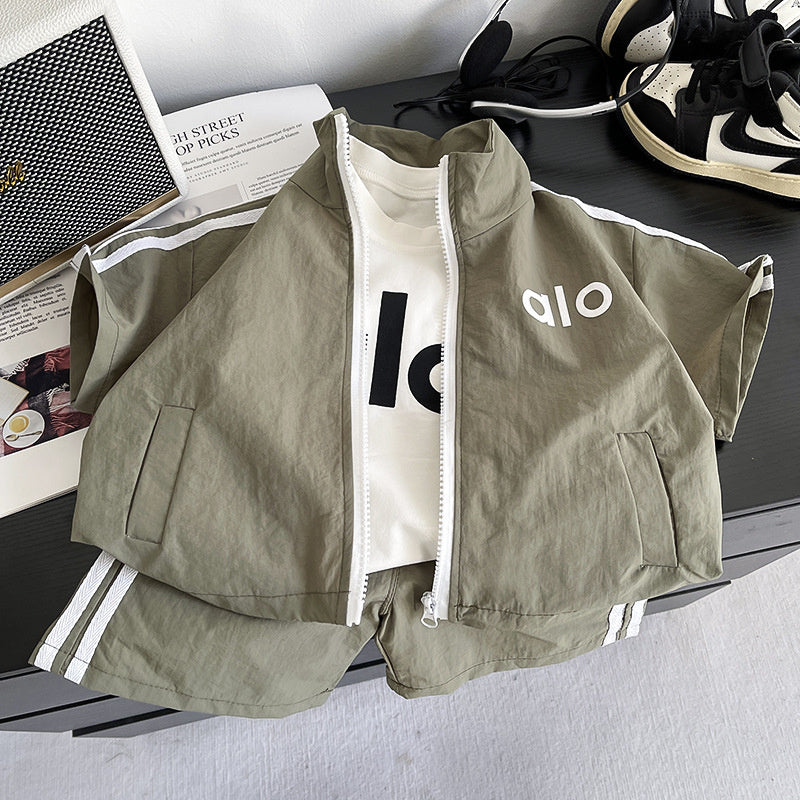 2026 Summer New Arrival Boys' Letter Print Stand Collar Zipper Shirt Baby Casual Workwear Three-Piece Set Children's Short Sleeve Outfit