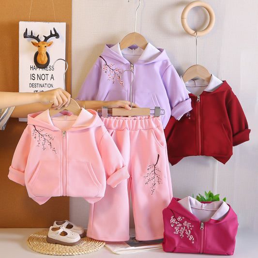 Girls' Spring and Outfit 2026 New Fashionable Children's Autumn Casual Hooded Plum Blossom Jacket Two-Piece Set Wholesale