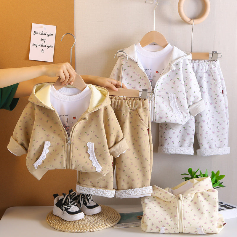 Girls' Outfit Stylish Baby Clothes Spring and Autumn Infant Toddler Full Print Small Flower Lace Three-Piece Set Trendy