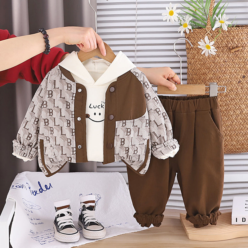 Boys' Spring and Autumn Fashionable Outfit 2026 New Letter Patchwork Cardigan Three-Piece Set Infant Casual Clothes Trendy