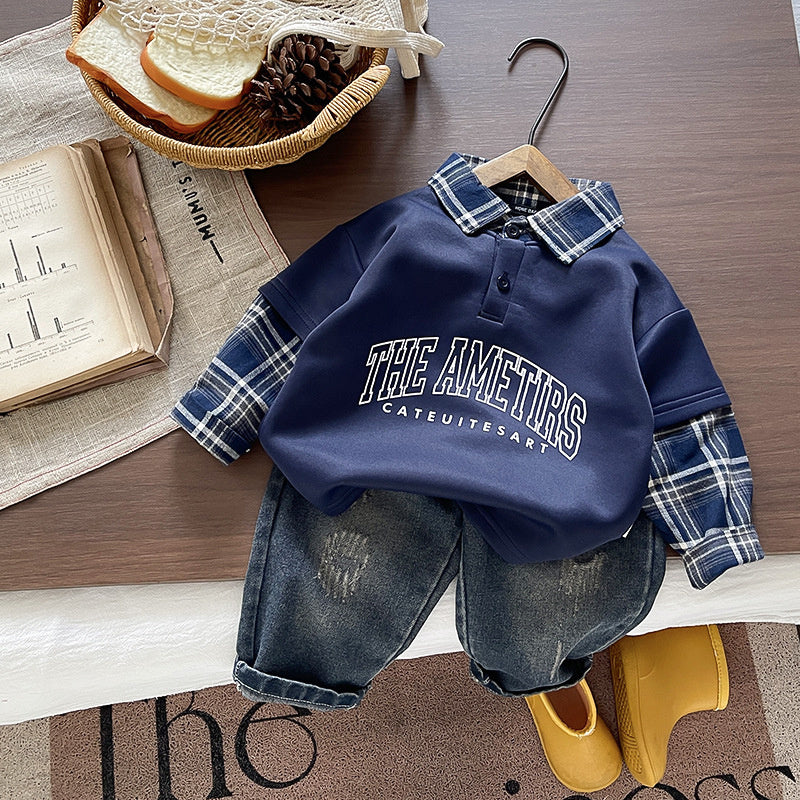 Boys' plaid shirt set 2026 new fashion stylish children's clothing for 1-year-old infants spring and autumn handsome baby boy outfit