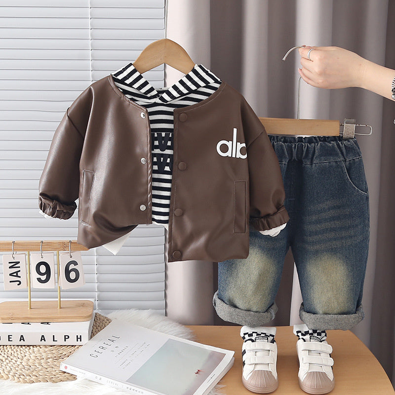 Children's Autumn Leather Jacket Three-Piece Set 2026 Spring New Style Boys and Girls Baby Hooded Sweatshirt Trendy Cool Outfit