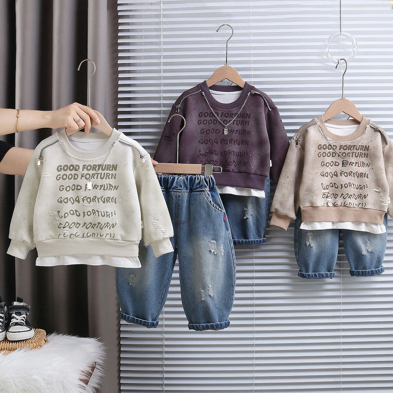 Boys' Spring and Autumn Sweatshirt 2026 New Fashionable Baby Fall Outfit with Full Letter Print on the Chest, Two-Piece Stylish Set