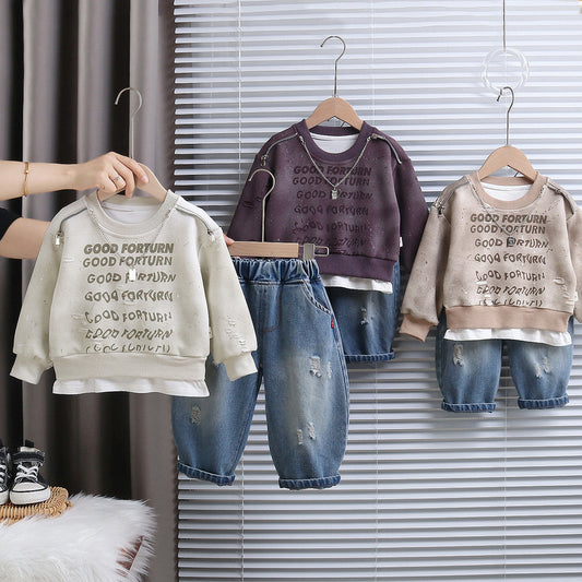 Boys' Spring and Autumn Sweatshirt 2026 New Fashionable Baby Fall Outfit with Full Letter Print on the Chest, Two-Piece Stylish Set