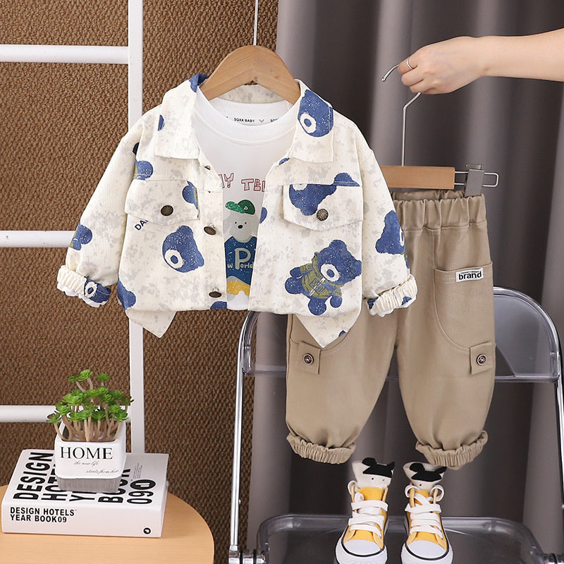 Children's Clothing Boys Spring and 2024 New Full Print Bear Workwear Three-Piece Set Baby Autumn Toddler Clothes Kids