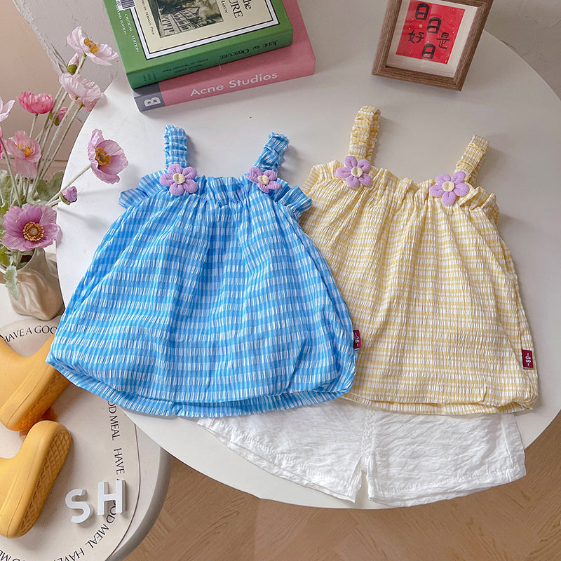 Girls' Outfit 2026 New Fashionable Floral Plaid Strap Dress Set Baby Summer Clothes Infant Korean Style