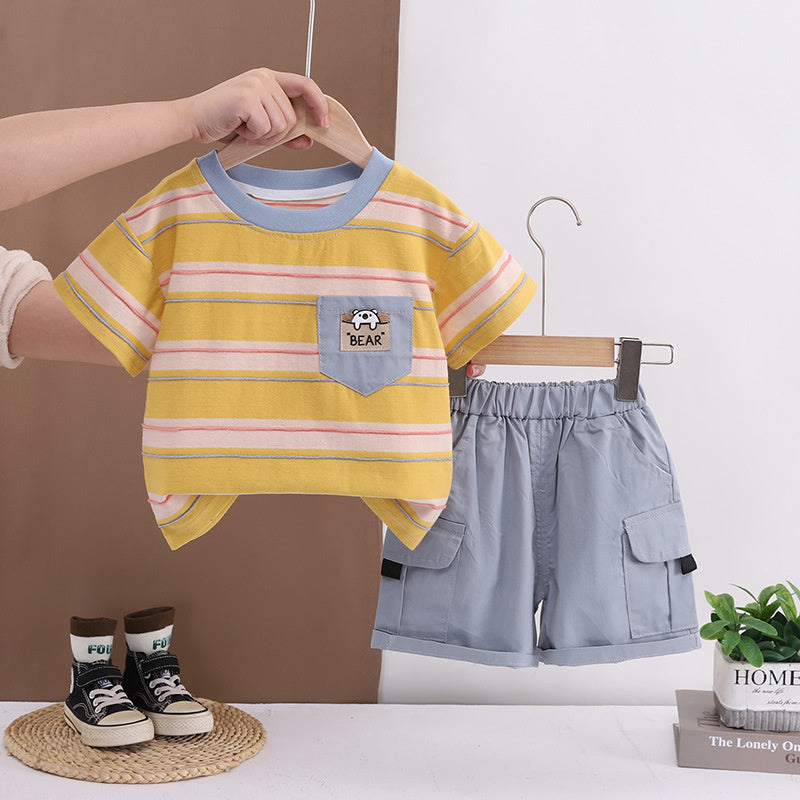 Children's clothing boys' outfit 2026 new style children's summer pocket striped short-sleeve two-piece set baby clothes
