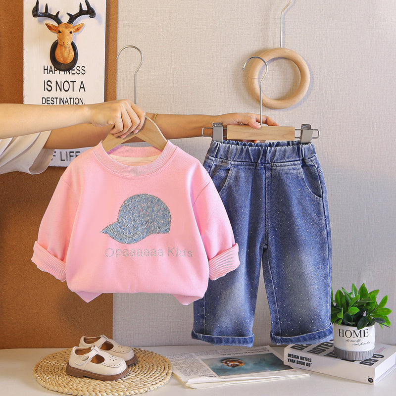Girls' Outfit Set, Spring Autumn 2026 New Fashionable Long-Sleeve Hooded Sweatshirt and Pants, Baby Wholesale