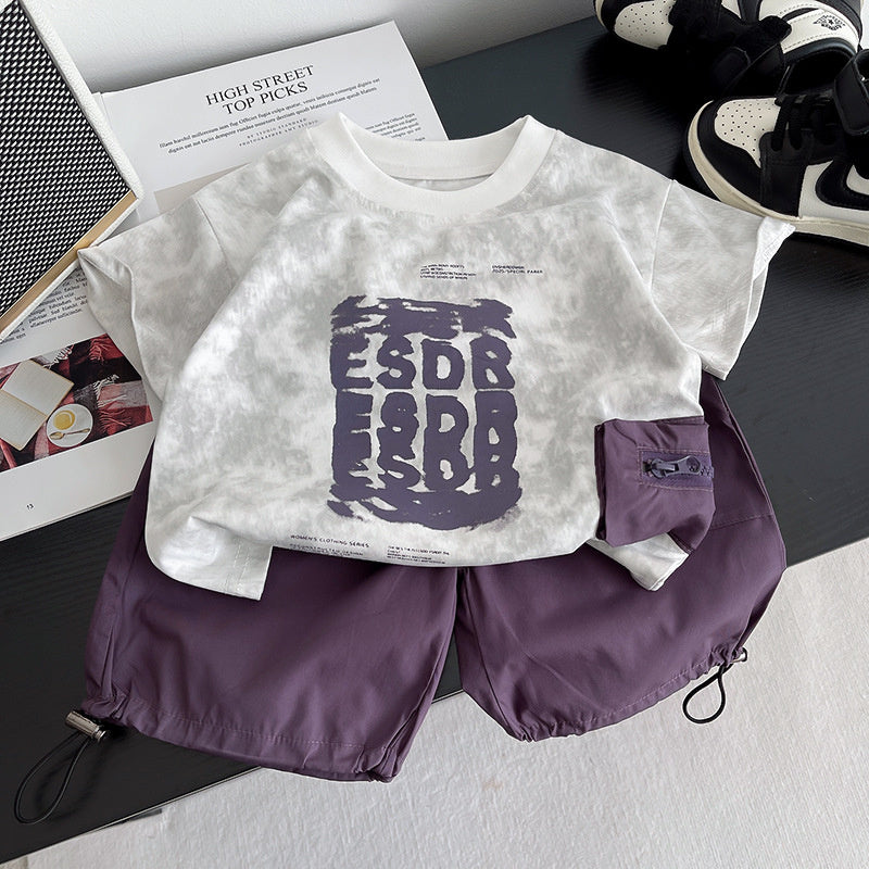 Boys' Summer Outfit 2026 New Trendy Baby Clothes Children's Letter Print Side Pocket Short Sleeve Shorts Two-Piece Set