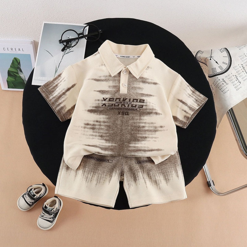 Boys' Outfit Short Sleeve, 2026 New Fashionable Baby Children's Lapel Tie-Dye Letter Two-Piece Set, Summer Trendy