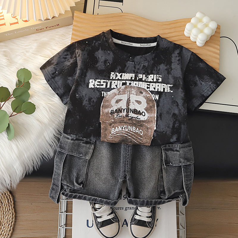 Baby Outfit Set 2026 New Model Boys' Letter Print Hat Short Sleeve Shorts Infant Children's Clothing Stylish for Toddlers in Summer