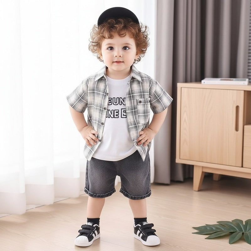 Children's clothing boys, suit 2026 new style, baby summer outfit, plaid short-sleeve shirt, stylish casual wear for boys