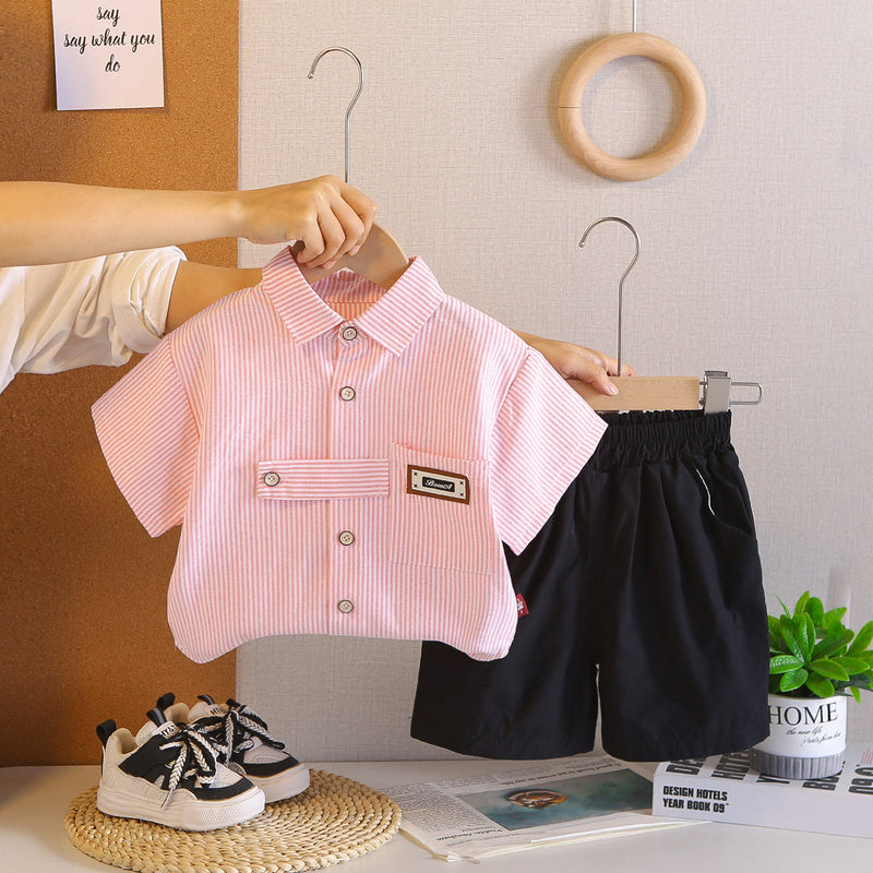 2026 Outfit Set: Children's Turn-down Collar Short-sleeve Shirt and Shorts for Little Boys' Summer Clothing