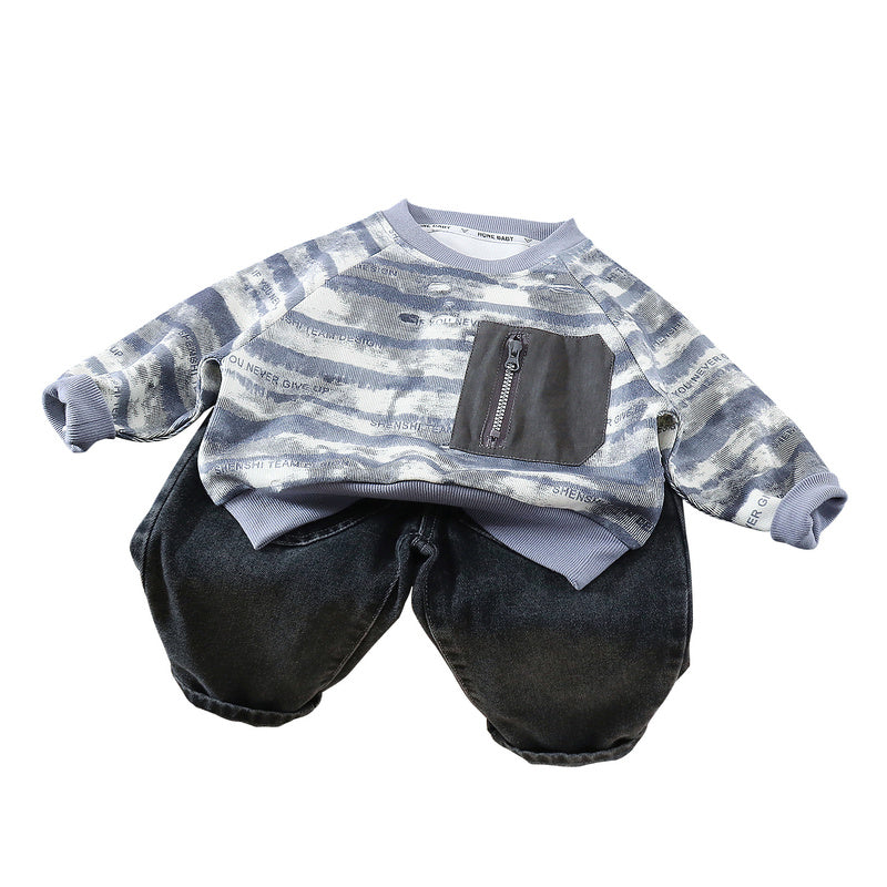 Boys' Outfit 2026 New Children's Spring and Autumn Tie-Dye Striped Sweatshirt Two-Piece Set Baby Korean Style Trendy Clothes