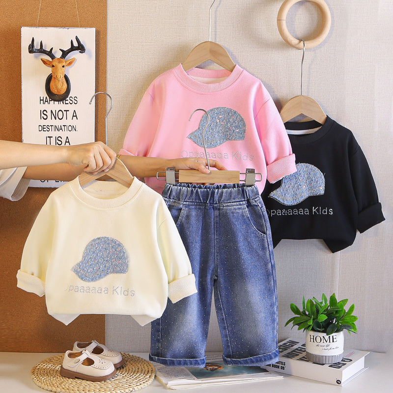Girls' Outfit Set, Spring Autumn 2026 New Fashionable Long-Sleeve Hooded Sweatshirt and Pants, Baby Wholesale