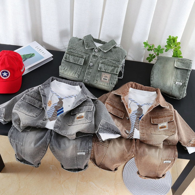 Boys' Outfit 2026 New Fashionable Spring and Autumn Baby Denim Pocket Jacket Casual Three-Piece Set Trendy