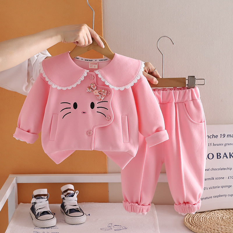 Girls' Spring and Outfit 2026 New Fashionable Baby Cat Two-Piece Set Children's Infant Autumn Casual Clothes