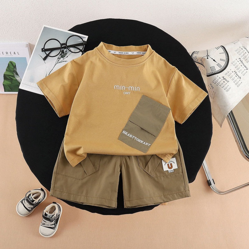 Boys' Summer Outfit 2026 New Fashionable Baby Toddler Casual Pocket Letter Print Short Sleeve Two-Piece Set Trendy
