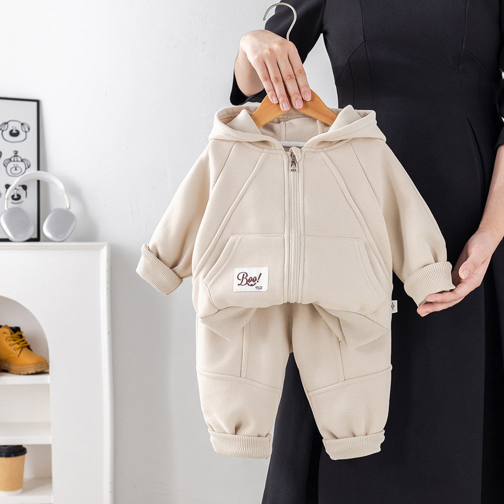 Fleece-Lined Suit 2025 Stylish New Children's Boys' Autumn Winter Solid Color Zipper Two-Piece Set Trendy