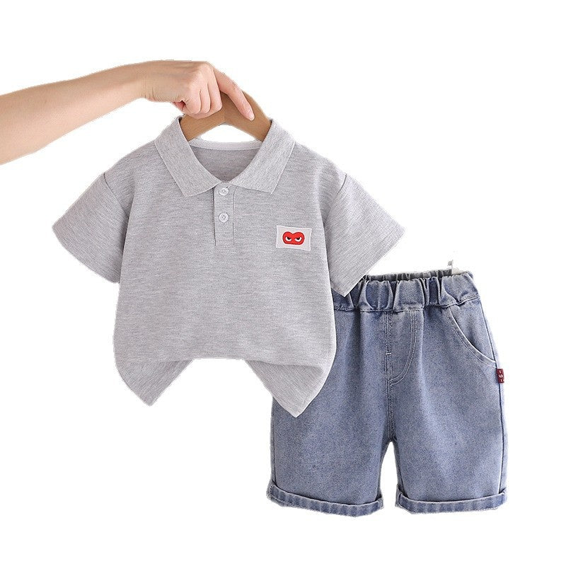 Boys' Outfit Set with Heart-Shaped Button Placket, Short Sleeve, 2026 New Model Children's Clothing for 3-Year-Old Boys, Summer Toddler Fashion