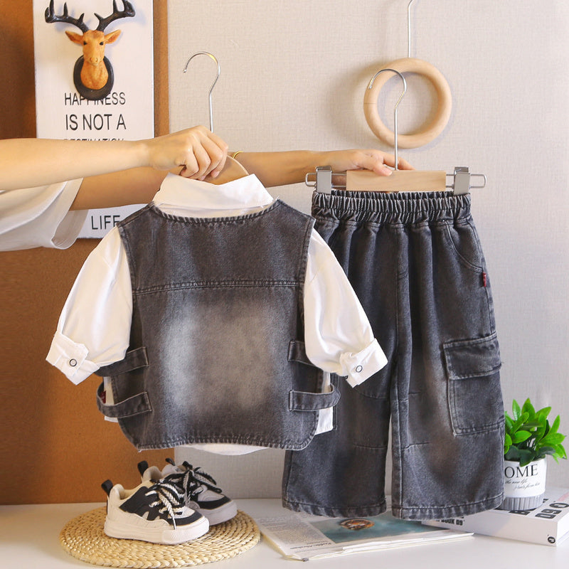 Boys' Spring Autumn Outfit: Stylish Infant and Toddler Denim Vest with Large Pockets, Three-Piece Set, 2026 Fall Fashion for Baby Boys