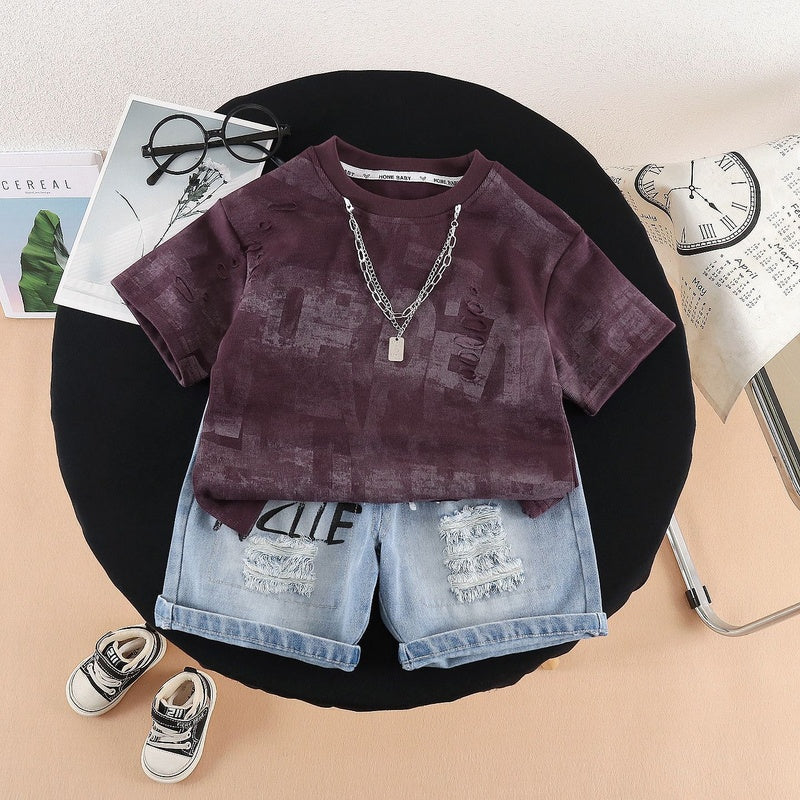 Boys' Summer Outfit 2026 New Baby Chain Hole Letter Short Sleeve Two-Piece Set Infant Clothes