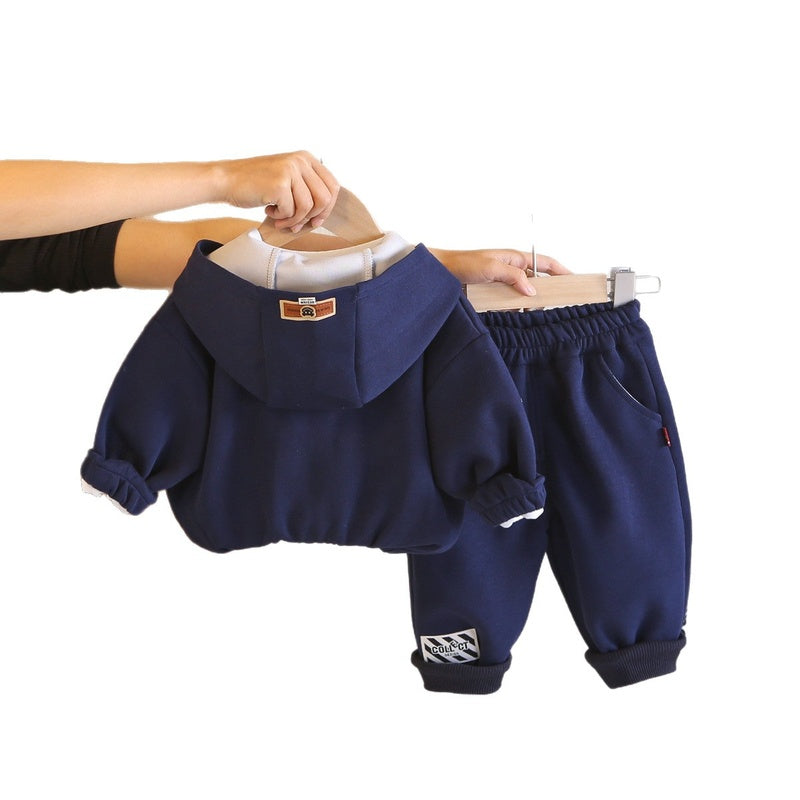 New Outfit Boys: Stylish Baby Three-Piece Set with Double Pockets Cartoon Hooded Jacket for Infants Children in Spring and Autumn