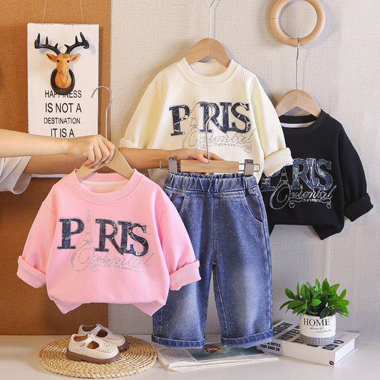 Girls' Spring and Outfit 2026 New Fashionable Baby Girl Autumn Clothing Korean Style Letter Sweatshirt Two-Piece Cartoon Trendy Set