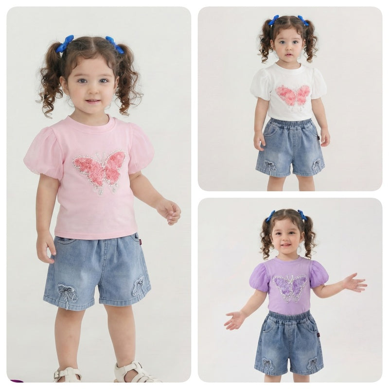 Little girl's summer butterfly short-sleeve outfit, stylish 2026 new baby clothes, fashionable and cute two-piece set for babies