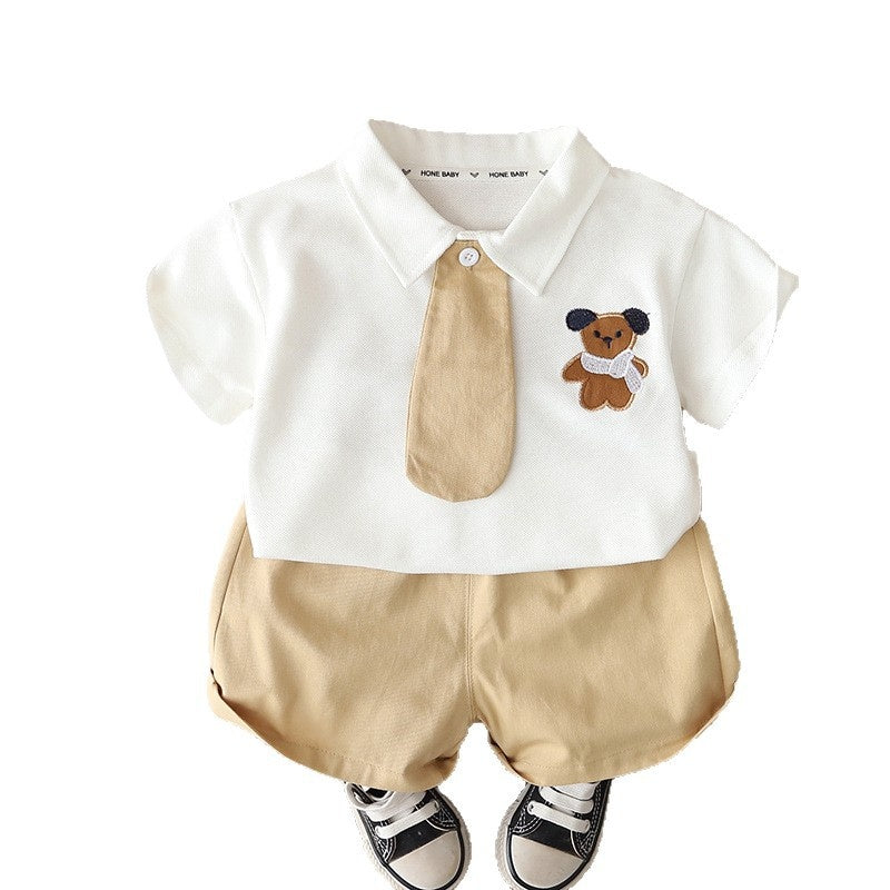 Boys and girls outfit 2026 new style children's cute summer clothes baby cartoon tie short-sleeve two-piece set