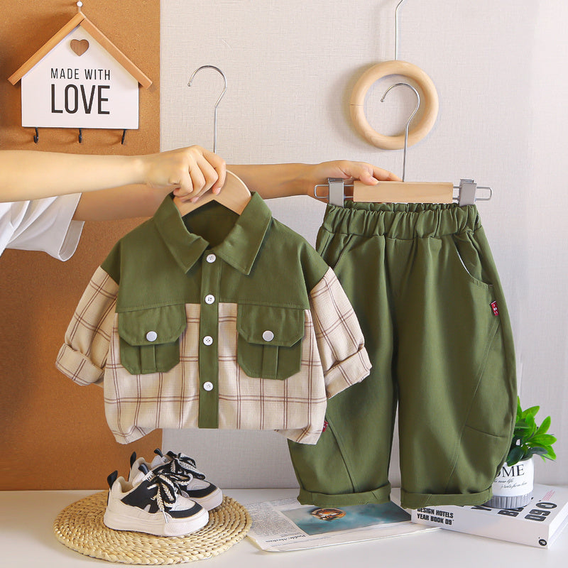 Boys' Outfit 2026 New Style Baby Spring-Autumn Workwear Color-Block Shirt Two-Piece Set Children's Trendy Autumn Clothes
