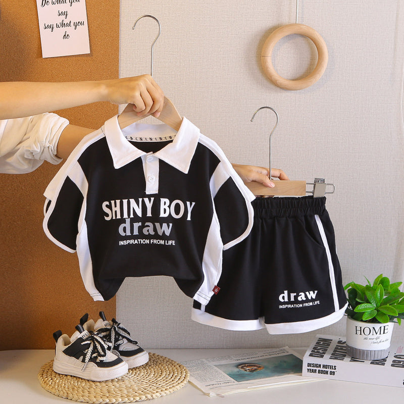 Baby 2026 Black and White Color Block Short Sleeve Korean Style Shorts Infant Boy Summer Clothes Two-Piece Set