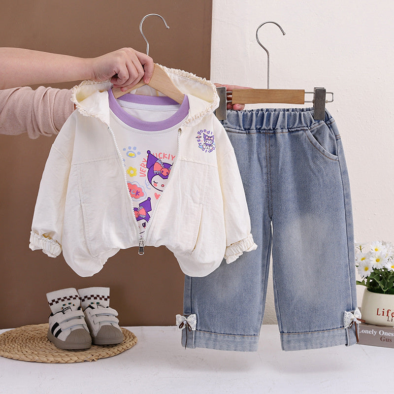 Baby outfit set, stylish children's clothing, toddler girl spring and autumn hooded cartoon jacket three-piece set