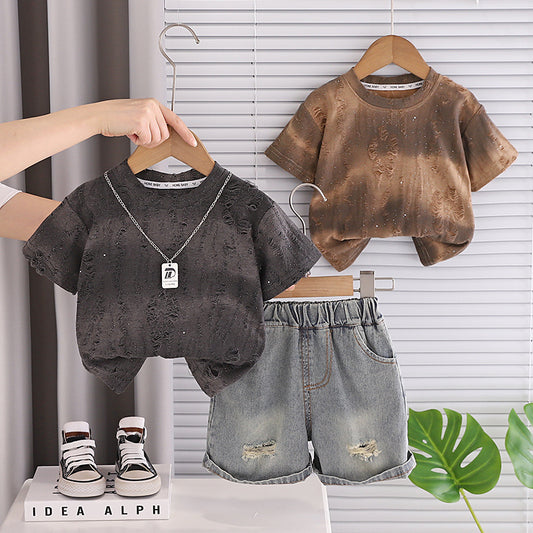 2026 New Summer Tie-Dye Short-Sleeve Stylish Thin Clothes for Baby Boys, Fashionable Two-Piece Set with Necklace