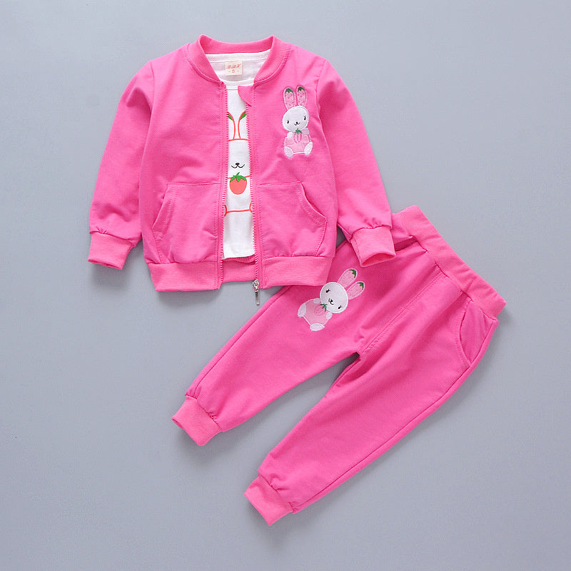 Children's clothing stylish outfit 2026, spring and autumn wear 2-3 year old little girls, long-sleeved cartoon three-piece set for toddlers 7