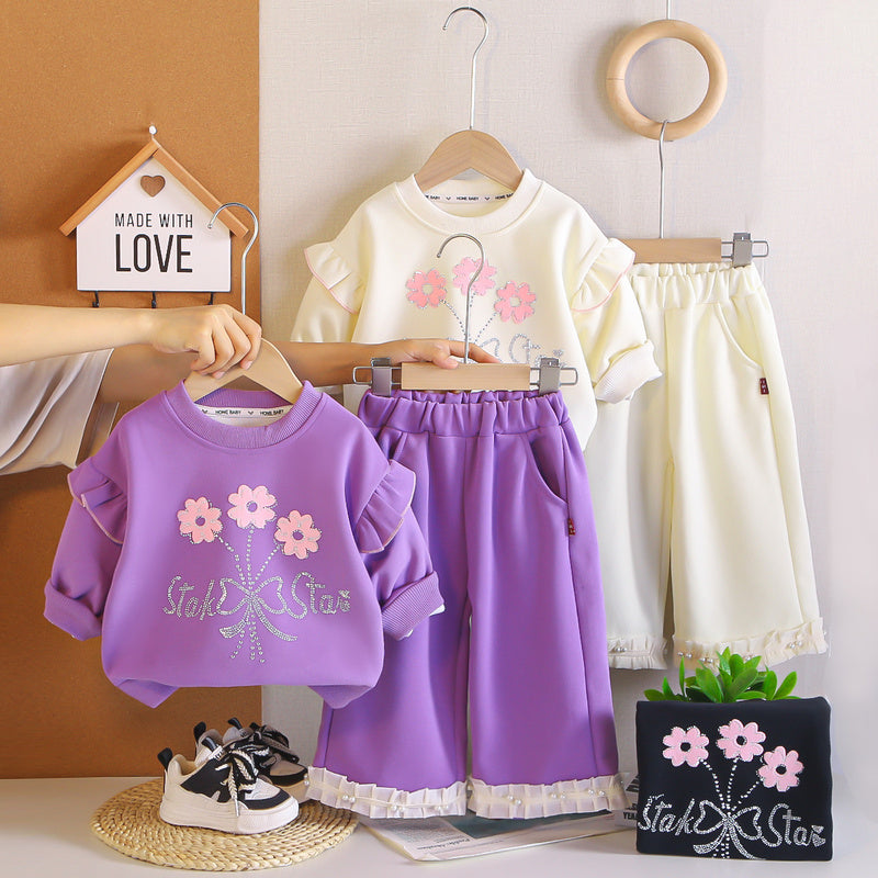 Girls' Autumn Outfit 2026 New Stylish and Fashionable Baby Girl Rhinestone Flower Sweatshirt Two-Piece Set Wholesale
