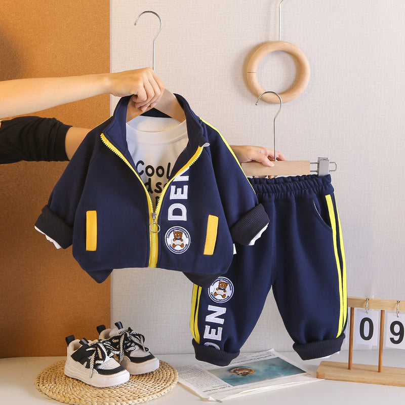 Boys' Outfit: Stylish Round-Logo Bear Three-Piece Set, Fashionable and Trendy Baby Spring Clothes for Toddlers