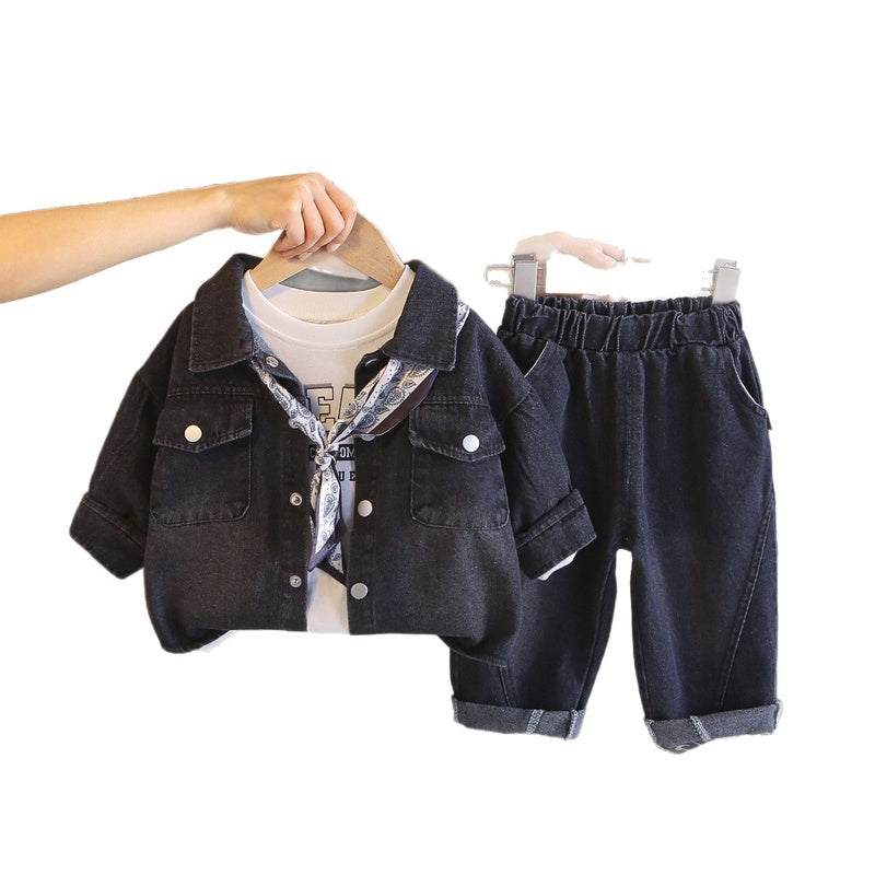 Boys' 2026 Autumn Fashionable Outfits, Trendy Children's Clothing, Baby Long-Sleeve 1-Year-Old Boy Denim Three-Piece Set