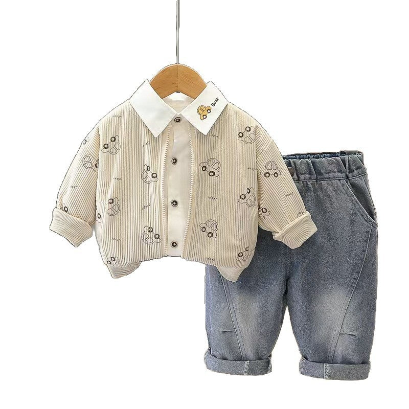 Boys' Outfit 2026 New Trendy Baby Spring and Autumn Stylish Car Jacket Three-Piece Set Infant Children's Clothing