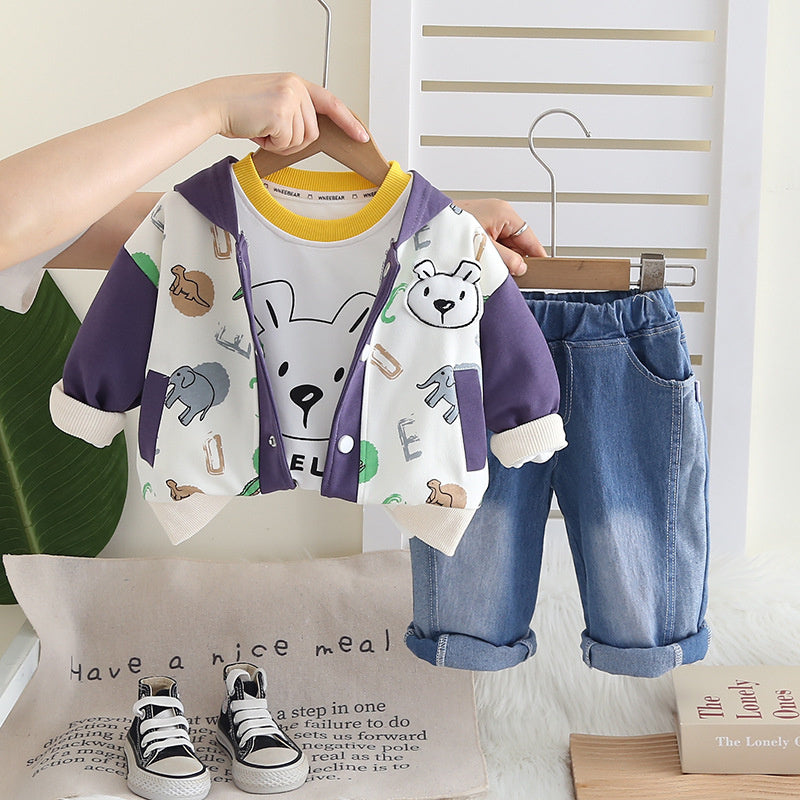 Boys' Stylish Spring and Set 2025 New Autumn Baby Full Print Animal Color Block Three-Piece Fashionable Toddler